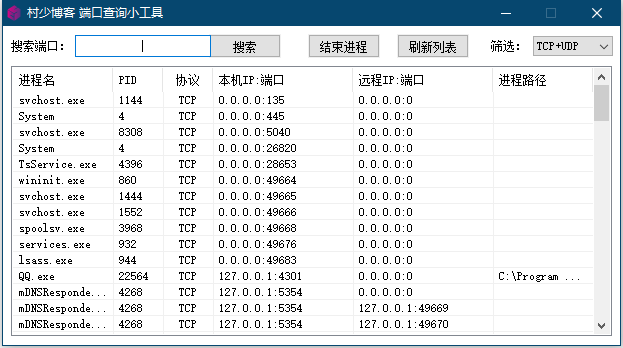 快速查询本地端口占用信息工具-村少博客